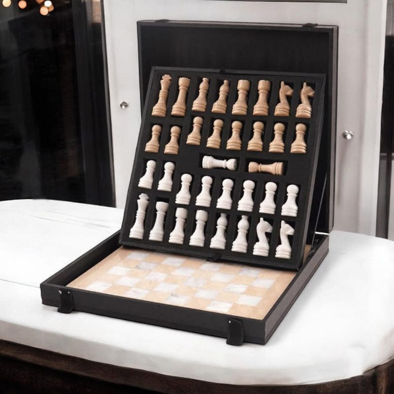 Marble 38cm Chess Set with Storage Box - Verona and White