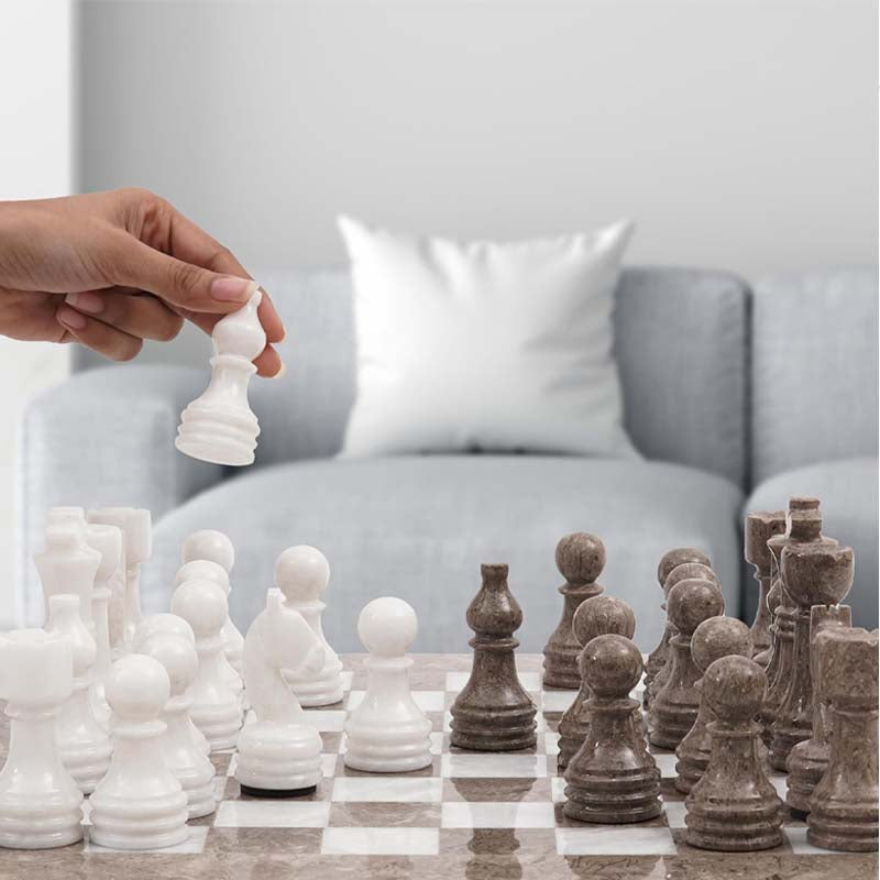 Marble 38cm Chess Set - Oceanic & White